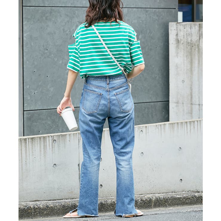 ボーダーカットアウトショートスリーブトップス[品番