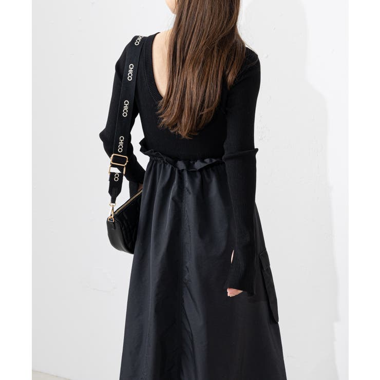【SALE】 Chico】OTドロストボリュームドッキングワンピース[品番 ワンピース
