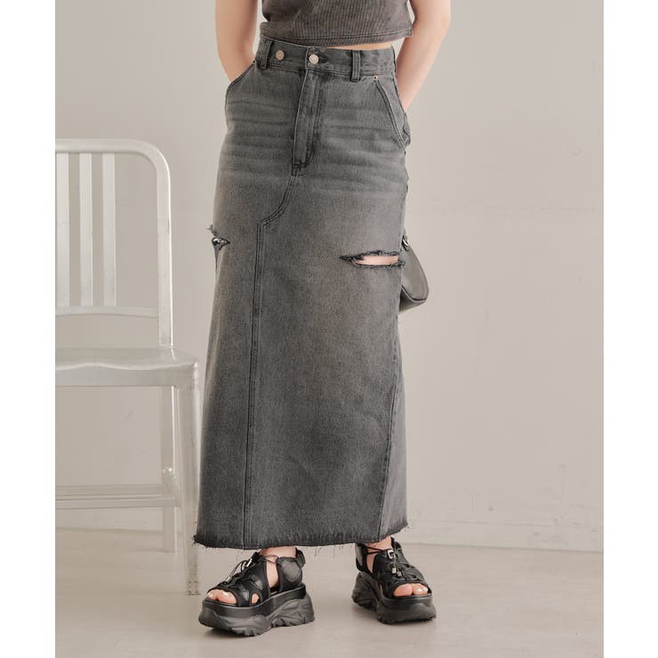 ダークデニム タイトスカート サイドスリット スリット入りブラックデニムタイトスカート（デニムスカート