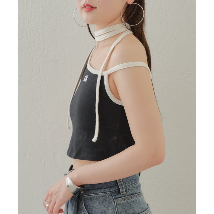 Chico】チョーカー付アシメワンショル刺繍タンクトップ[品番