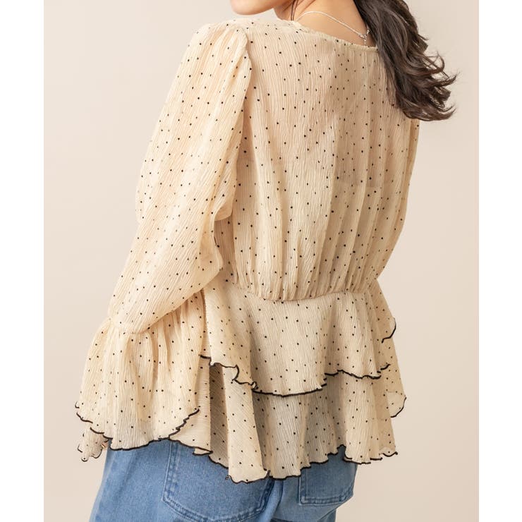 ミュベール、ドット柄、ブラウン、シフォン、ブラウス、ゆったりシルエット、日本製 mystic】[mline]ドビードットシフォンブラウス[品番