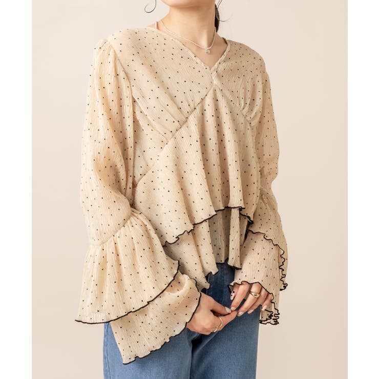 ミュベール、ドット柄、ブラウン、シフォン、ブラウス、ゆったりシルエット、日本製 mystic】[mline]ドビードットシフォンブラウス[品番