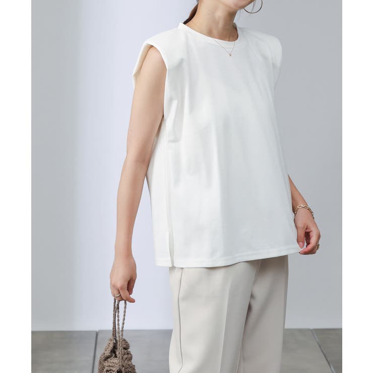 シルケットライクポンチノースリーブ肩パットトップス[品番