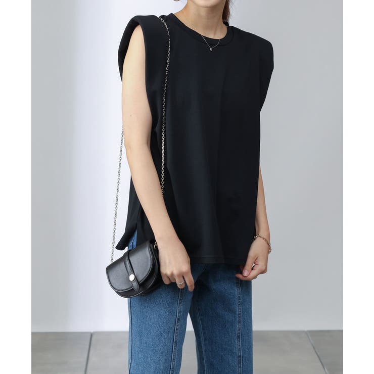 シルケットライクポンチノースリーブ肩パットトップス[品番