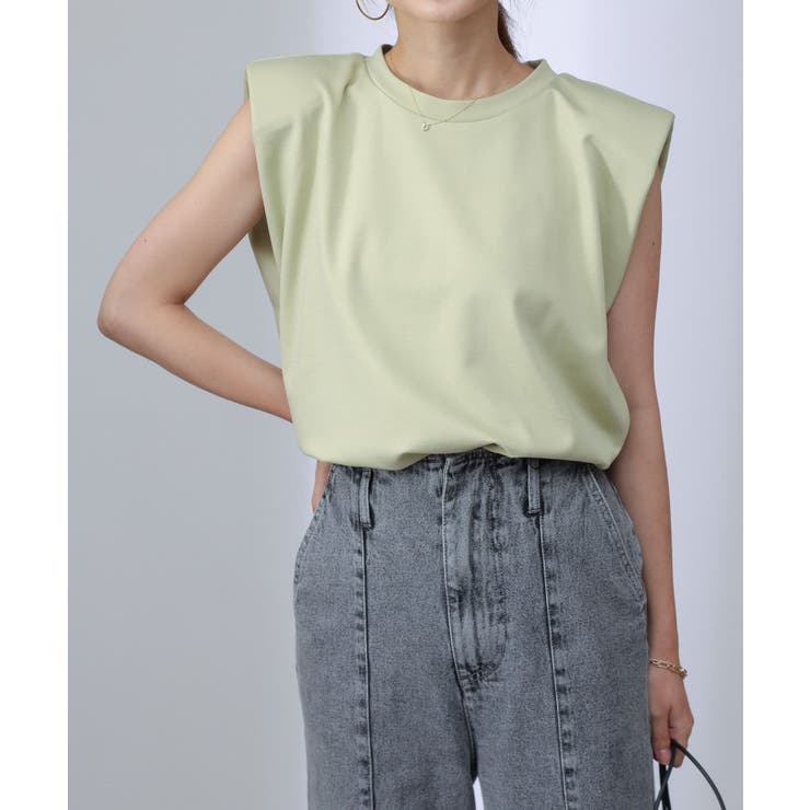 シルケットライクポンチノースリーブ肩パットトップス[品番