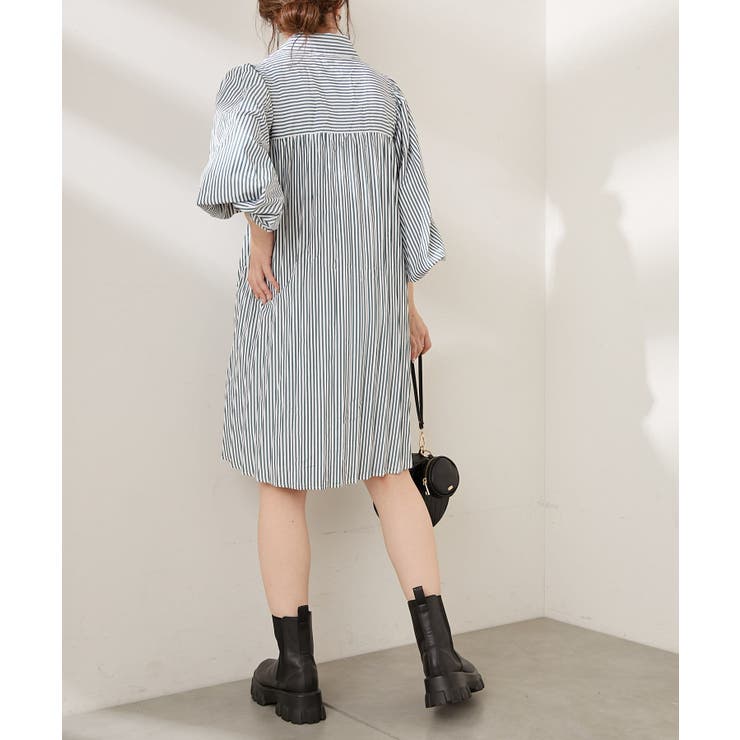 Chico】ストライプウエスト巻きバックプリーツチュニック[品番