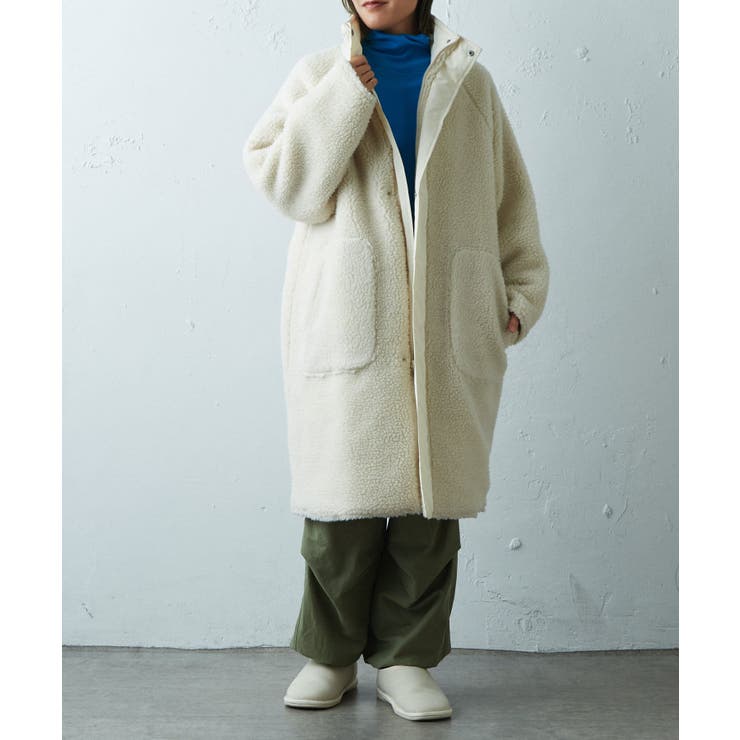 earthy アーシーボアジッププルオーバーコートリバーシブル白コート