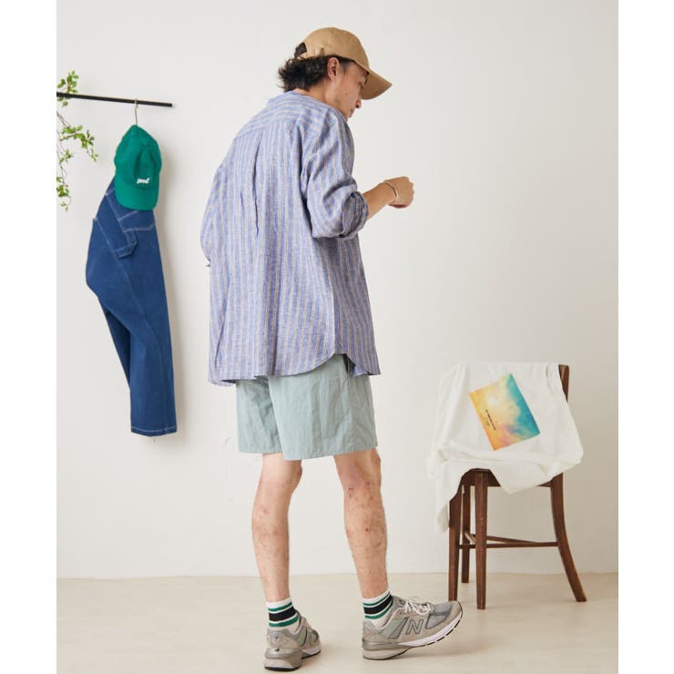 リネンレーヨンストライプバンドカラーシャツ[品番：PALW0001714