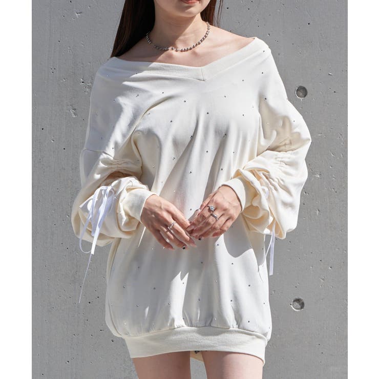 ファッション RAY CASSIN】ドロスト入りラインストーンチュニック[品番 トップス