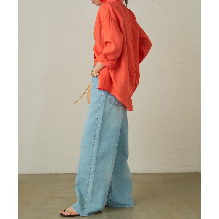 美品＊Loungedress バックタイリネンシャツ 洗える レッド