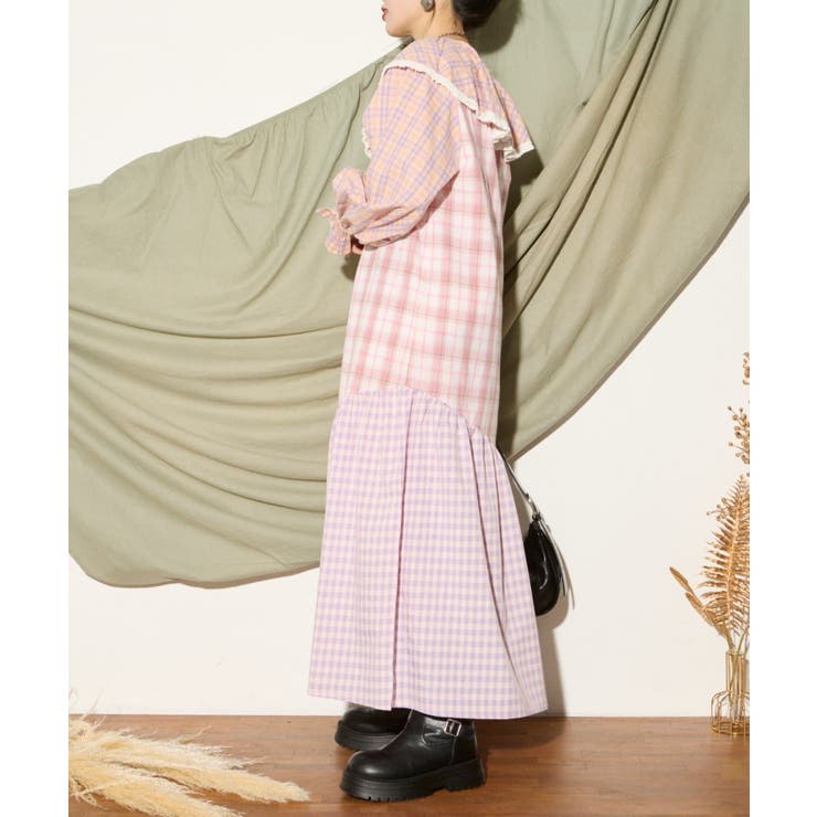 H Sパッチワークチェックロングワンピース[品番:PALW0004961 H Sパッチワークチェックロングワンピース[品番:PALW0004961