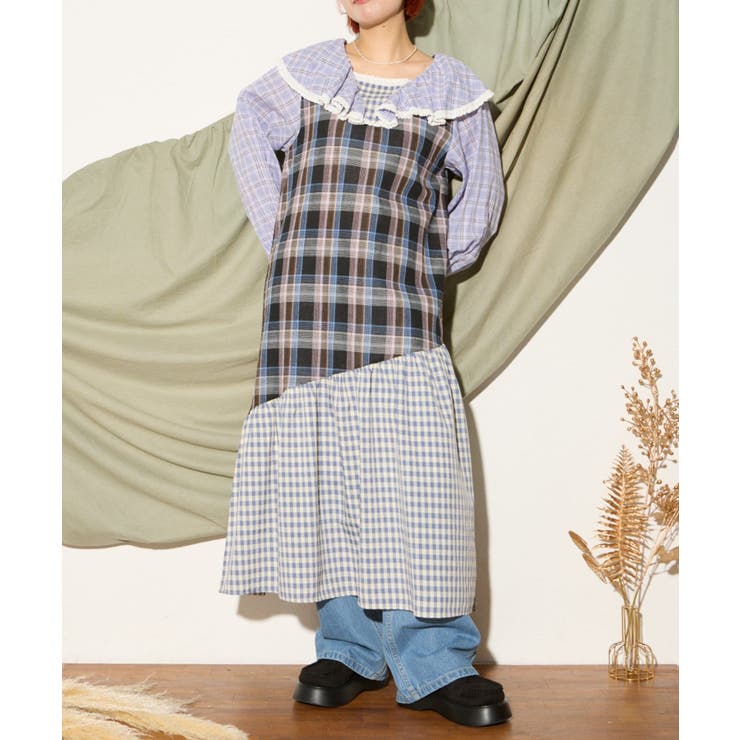 H Sパッチワークチェックロングワンピース[品番：PALW0004961
