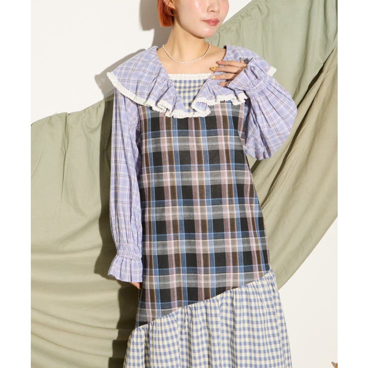 H Sパッチワークチェックロングワンピース[品番：PALW0004961