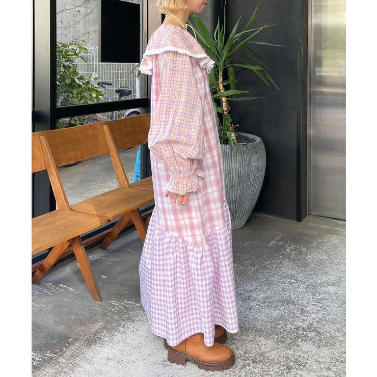 Ciaopanic】H.Sパッチワークチェックロングワンピース[品番