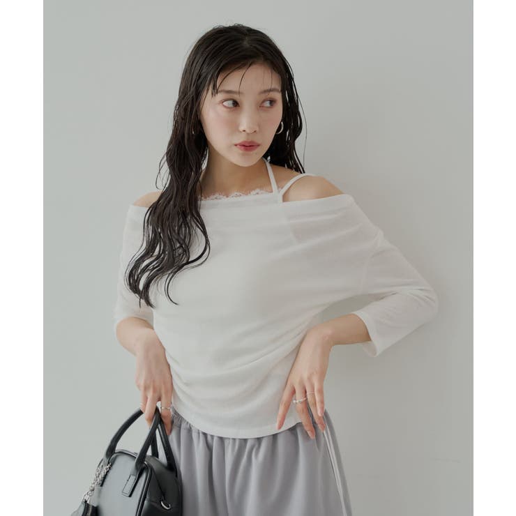 Chico】アシメデザインオフショルキャミレイヤードニット[品番