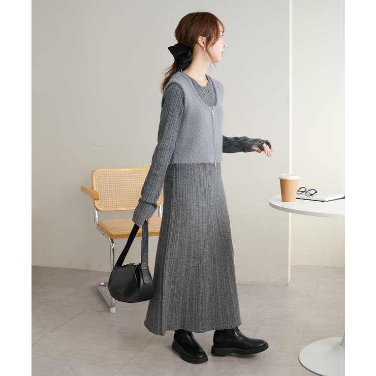 Discoat】ベスト付ランダムリブニットワンピース[品番：PALW0005762