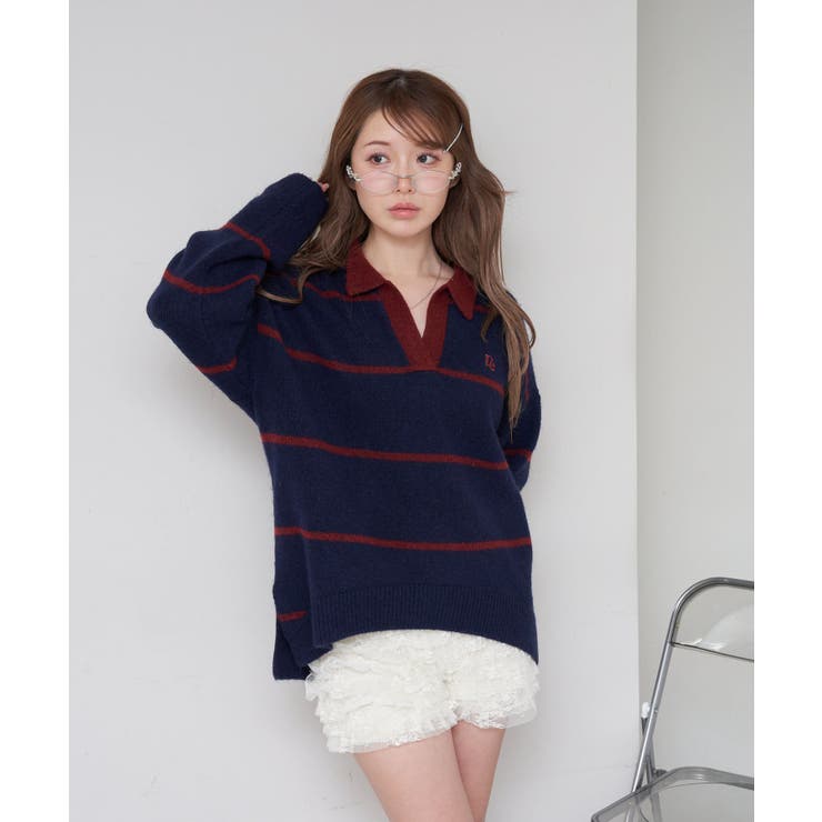RAY CASSIN】ボーダースキッパーポロ刺?ニット[品番 RAY CASSIN】ボーダースキッパーポロ刺?ニット[品番