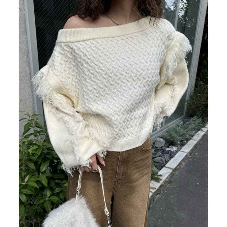 mystic フリンジニット　アイボリー セール】【新色追加/ブラウン】フリンジニット（ニット/セーター