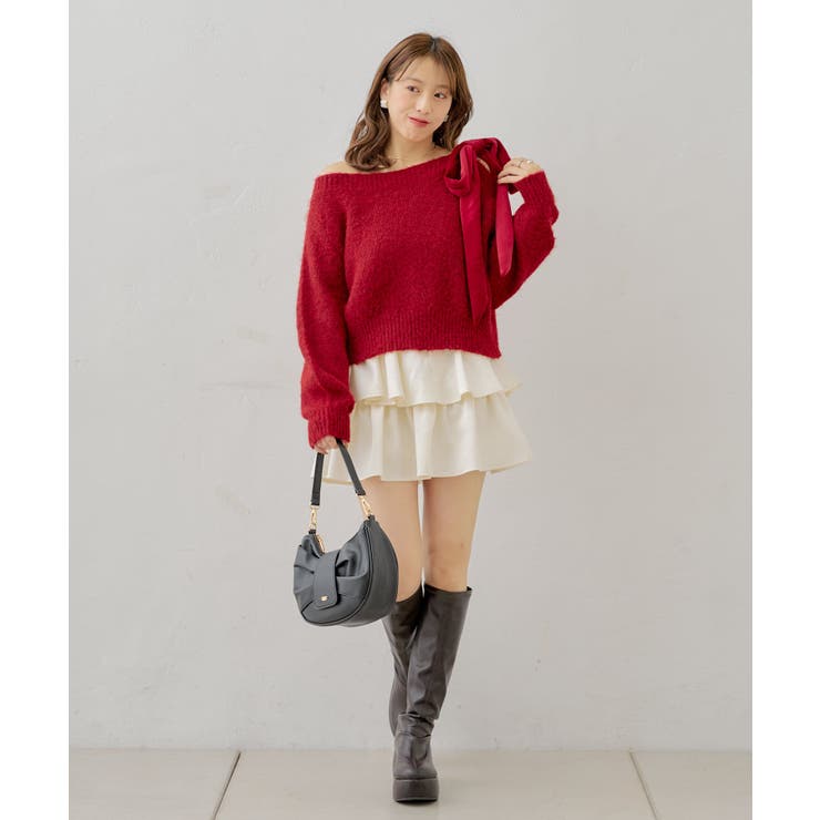 【Chico】ベロアリボンワンショルルーズニット | PAL GROUP OUTLET | 詳細画像6 