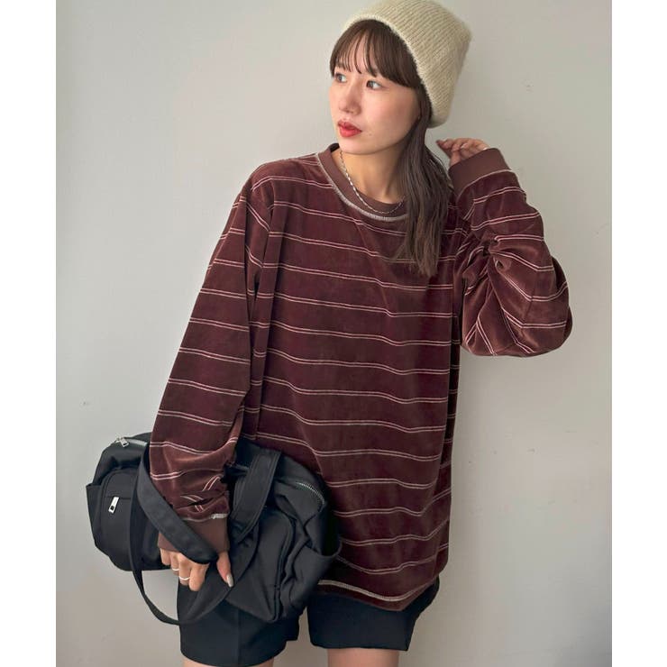 モカ | 【Discoat】ベロアボーダークルーネック | PAL GROUP OUTLET