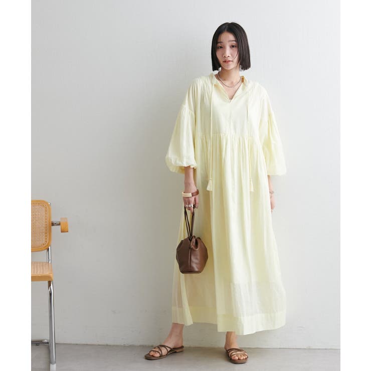 レモンイエロー | 【Discoat】【India】袖バルーン切替ギャザーワンピース | PAL GROUP OUTLET