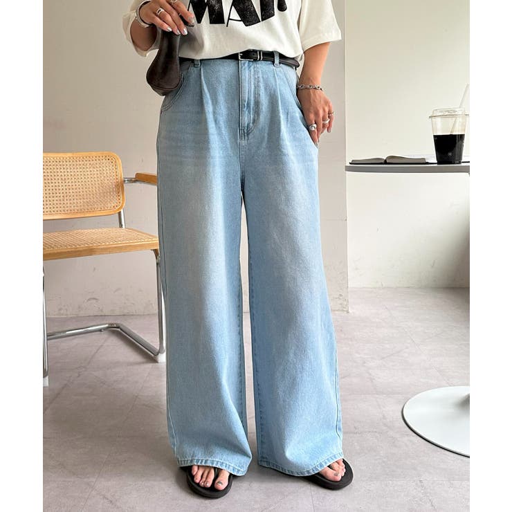 サックスブルー | 【Discoat】デニムタックワイドパンツ | PAL GROUP OUTLET