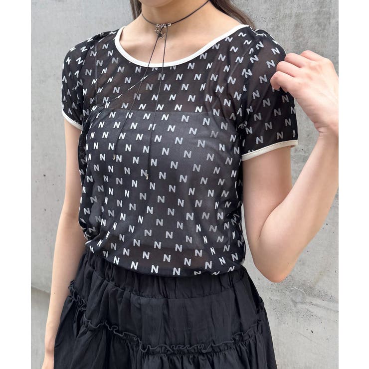 BLK | 【mystic】[mline]半袖プリントチュールトップス | PAL GROUP OUTLET