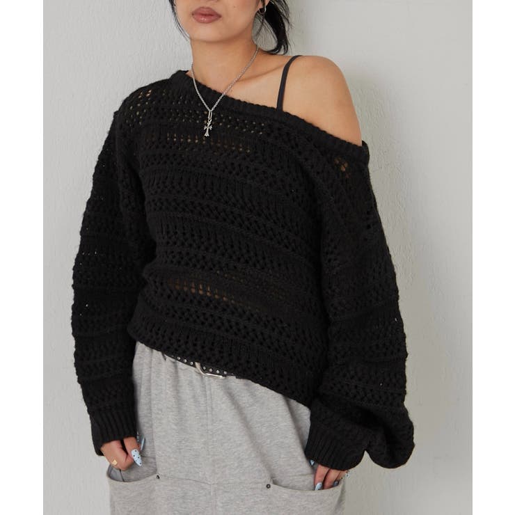BLK | 【WHO'S WHO gallery】メッシュボーダーオフショル2wayニット | PAL GROUP OUTLET
