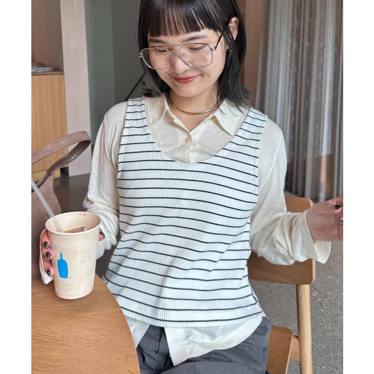 ボーダータンクレイヤード襟付きシアーカットシャツ | PAL GROUP OUTLET | 詳細画像2 