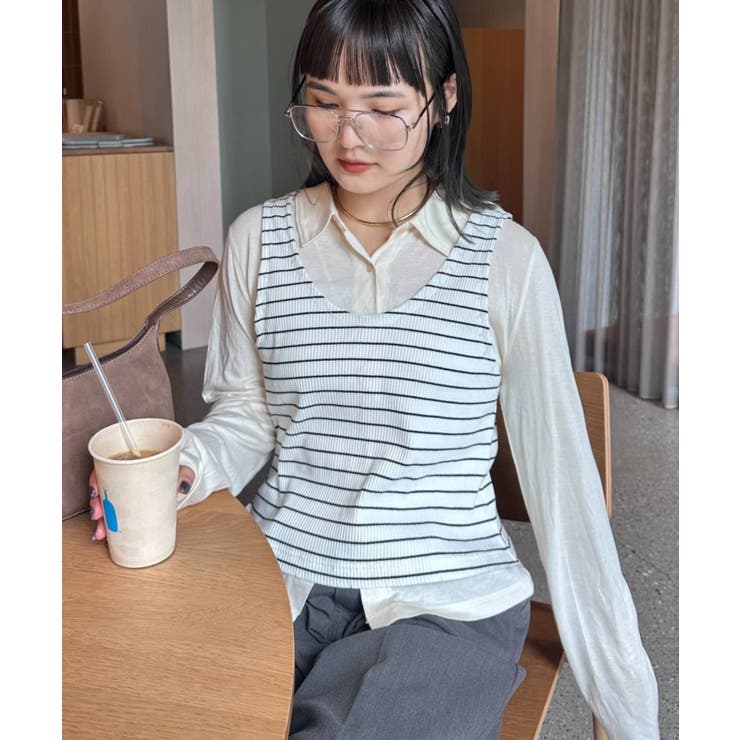 ボーダータンクレイヤード襟付きシアーカットシャツ | PAL GROUP OUTLET | 詳細画像3 