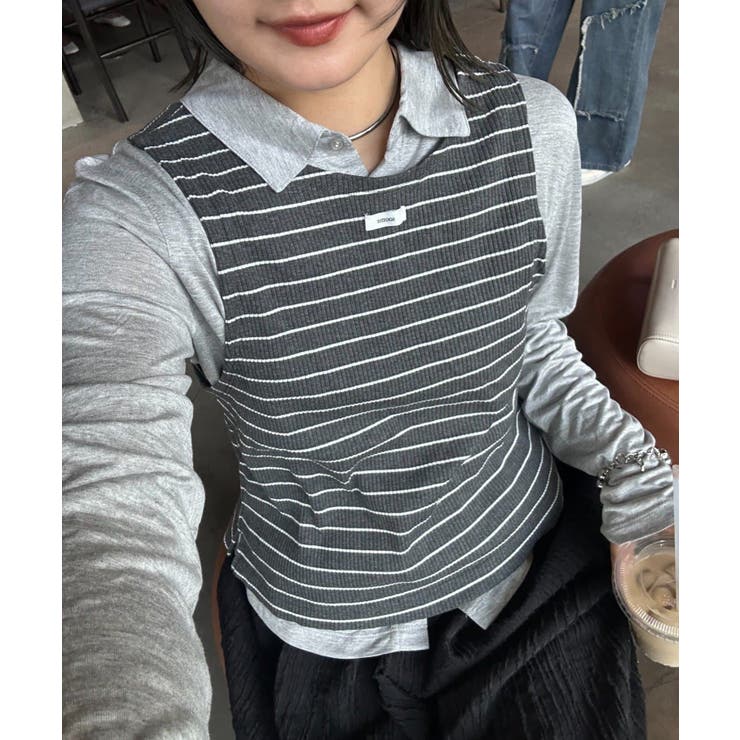 GRAY | ボーダータンクレイヤード襟付きシアーカットシャツ | PAL GROUP OUTLET