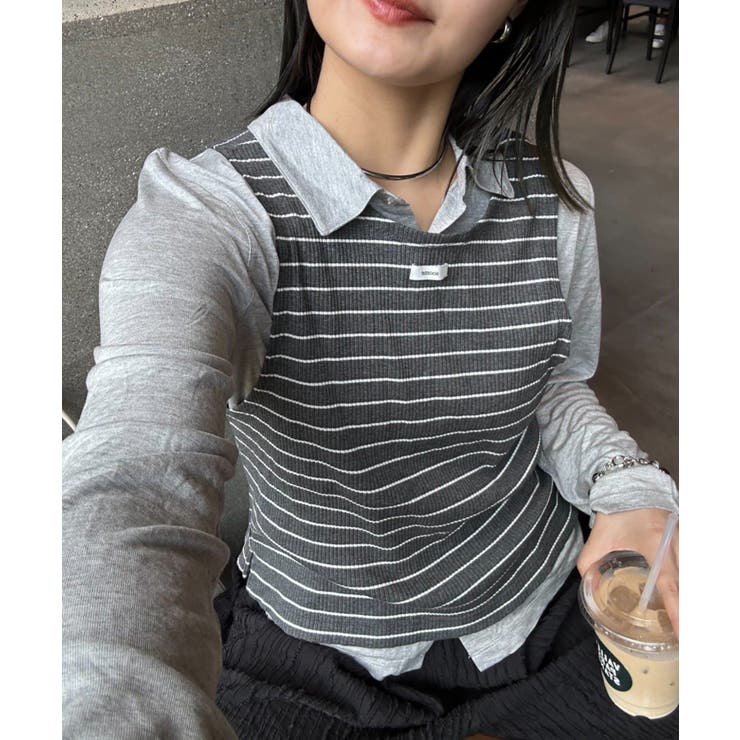 ボーダータンクレイヤード襟付きシアーカットシャツ | PAL GROUP OUTLET | 詳細画像15 