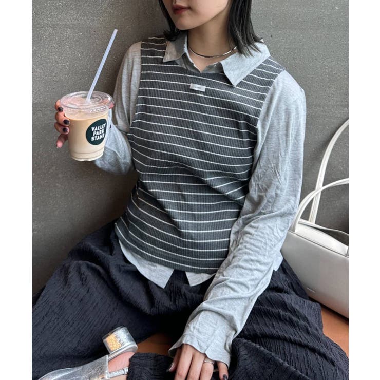 ボーダータンクレイヤード襟付きシアーカットシャツ | PAL GROUP OUTLET | 詳細画像18 