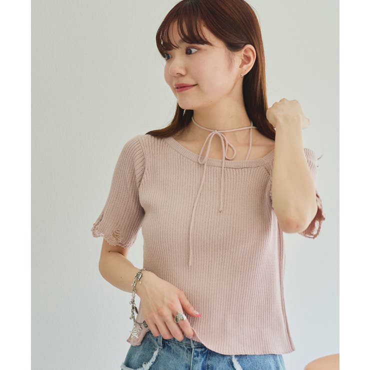 【Kastane】ダメージクロシェリブ半袖ニット | PAL GROUP OUTLET | 詳細画像18 