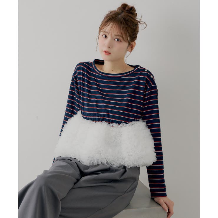 B/NVY | 【Chico】ボリュームチュールドッキングボーダーペプラムトップ… | PAL GROUP OUTLET