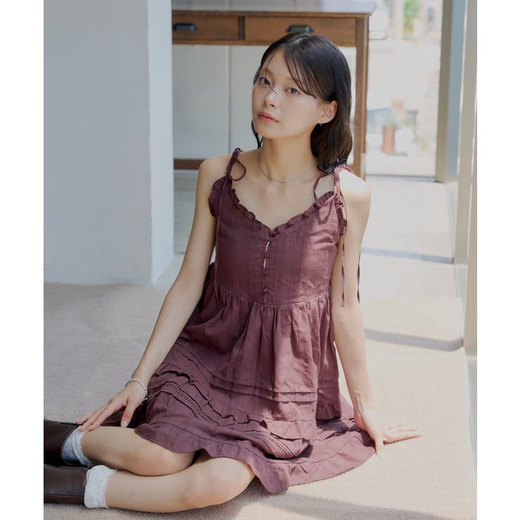 BRN | 【Chico】肩リボンコットンレースフリルキャミOP | PAL GROUP OUTLET