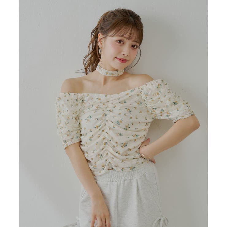 【Chico】チョーカー付きフラワープリントギャザートップス | PAL GROUP OUTLET | 詳細画像16 