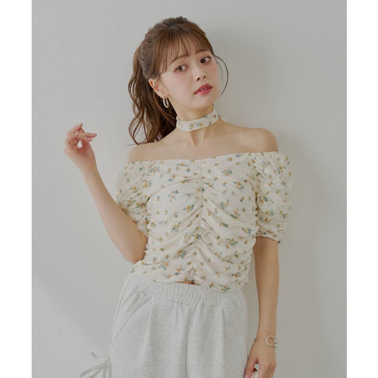 【Chico】チョーカー付きフラワープリントギャザートップス | PAL GROUP OUTLET | 詳細画像21 