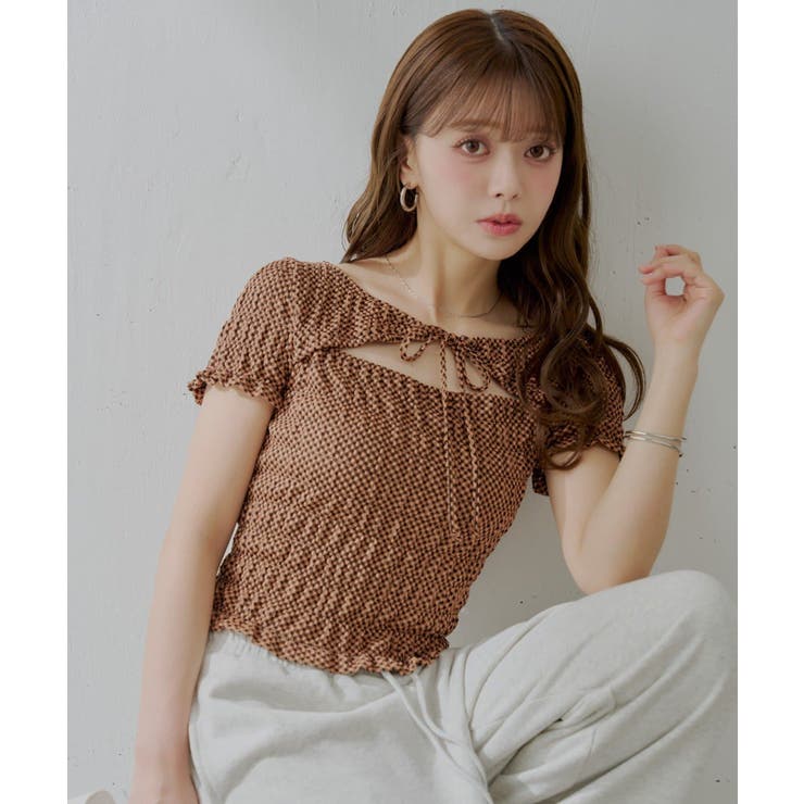 BEI/BK | 【Chico】ギンガムフロントリボンボレロデザインT | PAL GROUP OUTLET
