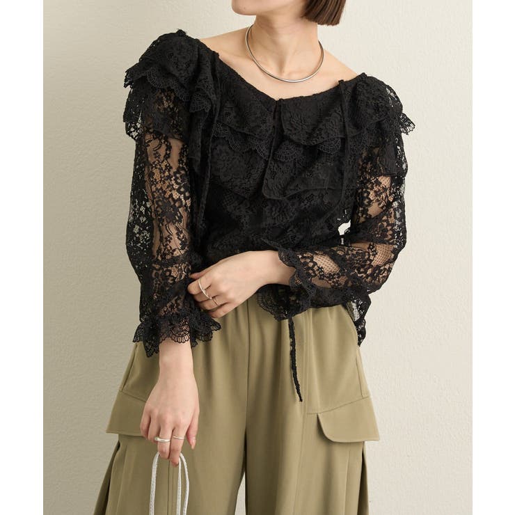 BLK | 【Omekashi】レースラッフルブラウス | PAL GROUP OUTLET