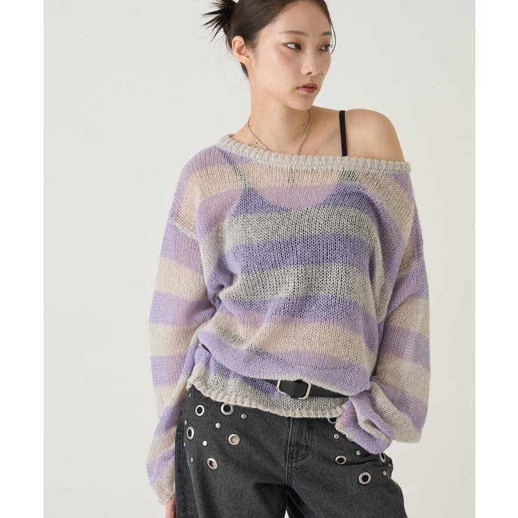 GRY/PPL | 【WHO'S WHO gallery】ワイドボーダーメッシュニット | PAL GROUP OUTLET