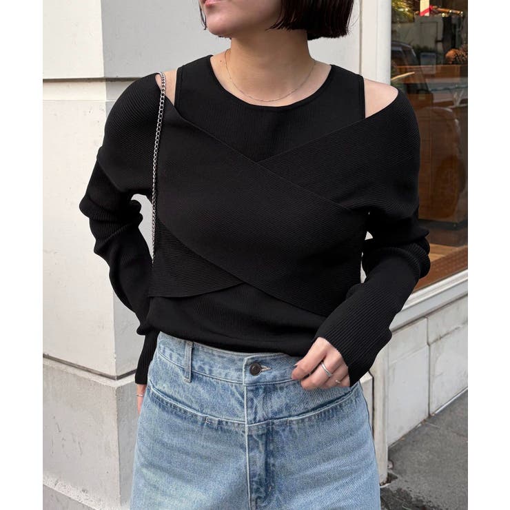 BLACK | 【CAPRICIEUX LE'MAGE】オフショルクロスレイヤードニット | PAL GROUP OUTLET