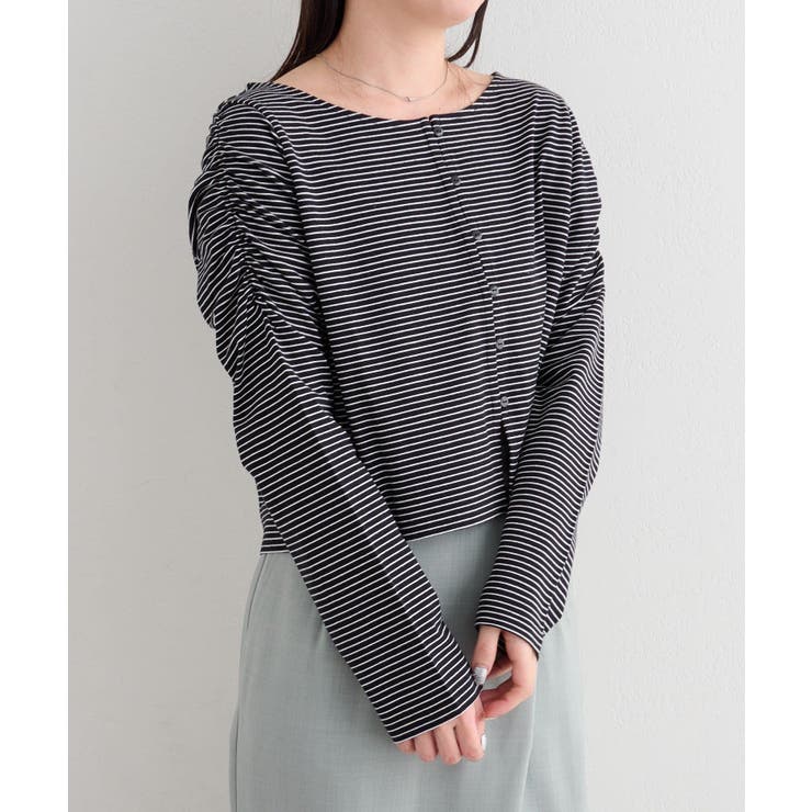 BLK | 【Kastane】B ボーダーギャザーショルダーカーディガン | PAL GROUP OUTLET