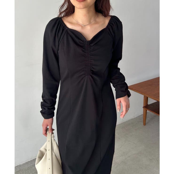 BLACK | 【CAPRICIEUX LE'MAGE】WAVEネックギャザーOP | PAL GROUP OUTLET