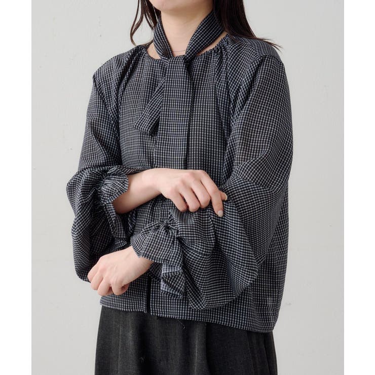 BLK | 【Kastane】B シアーチェックボウタイブラウス | PAL GROUP OUTLET
