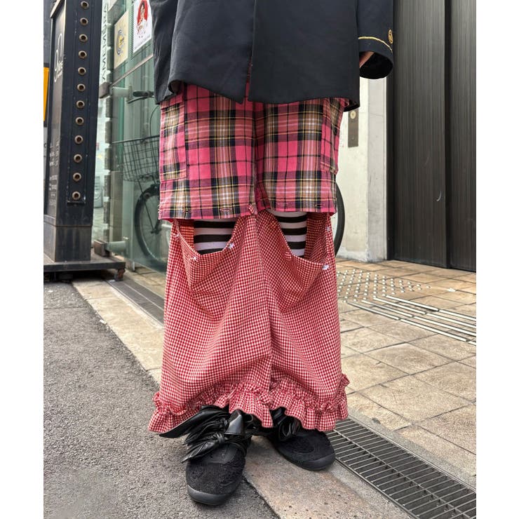MAMC ブラウン カーゴロングパンツ 赤チェック柄韓国 ストリート 台湾 Ciaopanic】【Im×CIAO】ドッキングチェックカーゴパンツ[品番