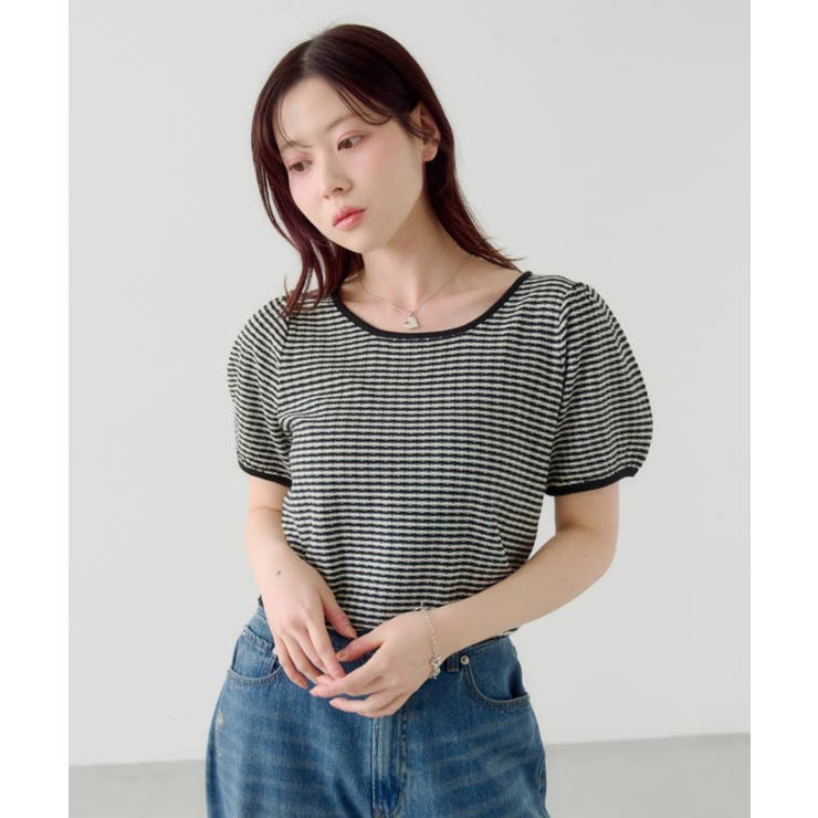 BLK | 【Kastane】ボーダーパフ半袖ニット | PAL GROUP OUTLET