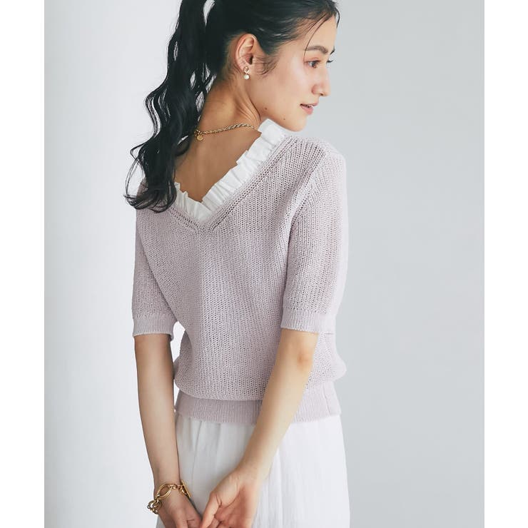 【La boutique BonBon】ペーパーヤーンフリルVネックKN | PAL GROUP OUTLET | 詳細画像3 