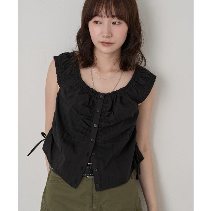 BLK | 【mline】ギャザーフレンチブラウス | PAL GROUP OUTLET