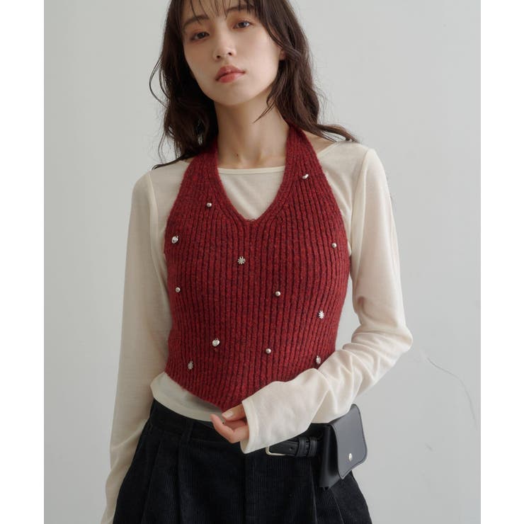RED | 【Kastane】チャーム付きホルターニットSET | PAL GROUP OUTLET